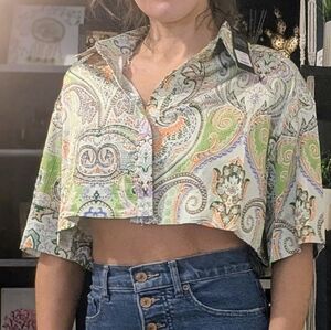Fashion Nova Paisley Satin Cropped Button Up XS NWT Y2K Boho Top